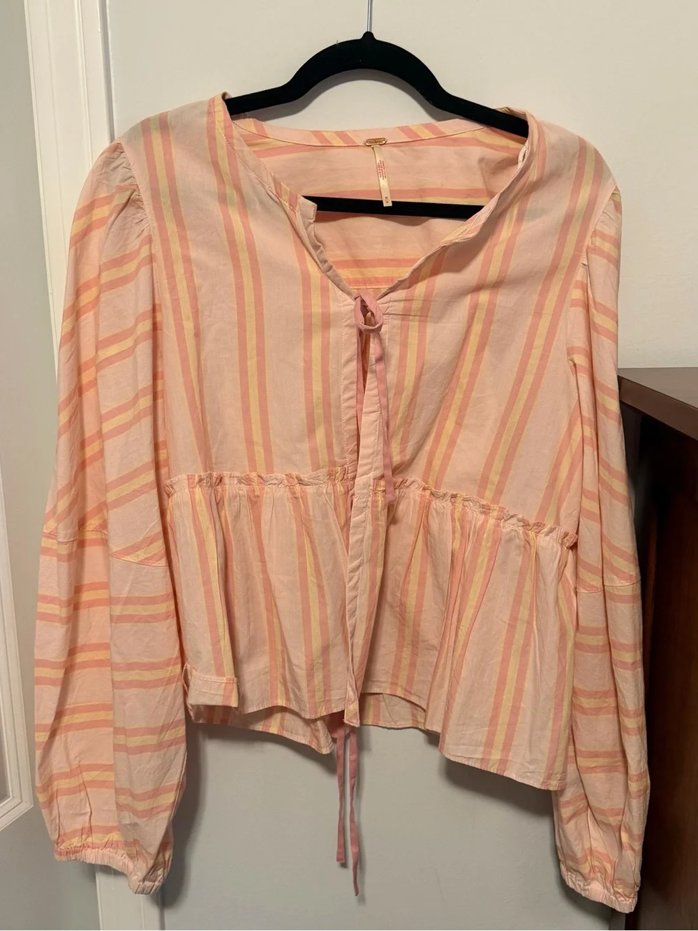 Free People Pink Striped Tie-Front Peplum Blouse